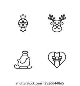 Set line Gift box, Christmas santa claus sleigh, Candy and Reindeer icon. Vector