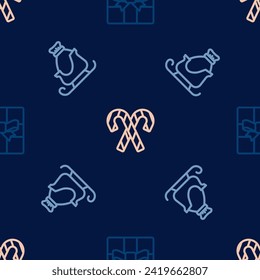 Set line Gift box, Christmas santa claus sleigh and Candy cane with stripes on seamless pattern. Vector