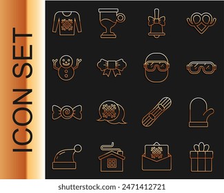 Set line Gift box, Christmas mitten, Ski goggles, Merry ringing bell, Bow tie, snowman, sweater and  icon. Vector
