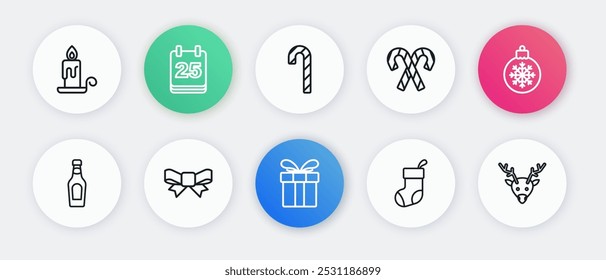 Set line Gift box, Christmas ball, Champagne bottle, stocking, Candy cane with stripes, Reindeer and bow icon. Vector
