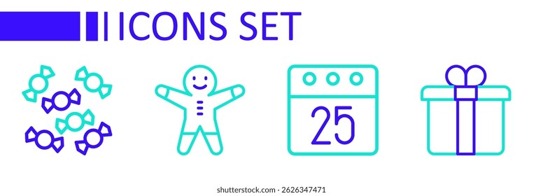 Set line Gift box, Christmas day calendar, Holiday gingerbread man cookie and Candy icon. Vector