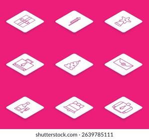 Set line Gift box, Christmas star, paper shopping bag, tree with decorations, Envelope christmas party invitation card, Champagne bottle and glass of champagne and Merry ringing bell icon. Vector