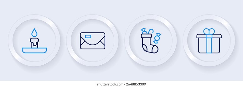 Set line Gift box, Christmas stocking, Envelope and Burning candle icon. Vector