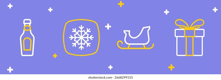 Caja de regalo, trineo de Navidades de santa claus, copo de nieve y icono de botella de champán. Vector