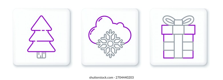 Set línea Caja de regalo, árbol de Navidad y nube con icono de nieve. Vector