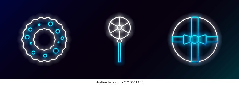 Caja de regalo, corona de Navidades e icono de piruleta. Brillante neón. Vector