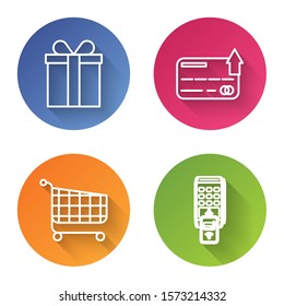 Set line Gift box, Credit card, Shopping cart and POS terminal with printed reciept and confirms the payment by smartphone. Color circle button. Vector