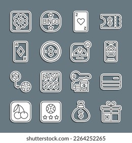 Set line Gift box, Credit card, Lucky wheel on phone, Playing with heart, Coin money dollar, diamonds, Casino slot machine and  icon. Vector