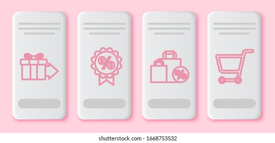 Establecer la caja de regalo, la etiqueta Porcentaje de descuento, la bolsa de compras con descuento y el carro de compras. Botón rectángulo blanco. Vector