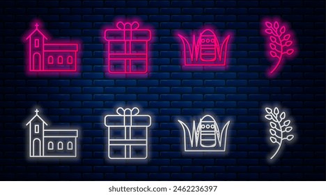 Set line Gift box, Easter egg, Church building and Willow leaf. Glowing neon icon on brick wall. Vector