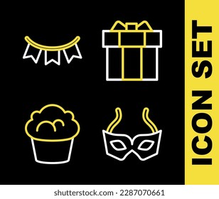 Set line Gift box, Festive mask, Muffin and Carnival garland with flags icon. Vector