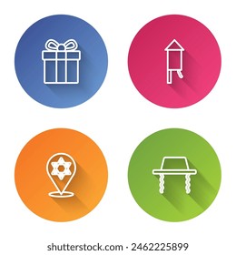 Set line Gift box, Firework rocket, Star of David and Orthodox jewish hat. Color circle button. Vector