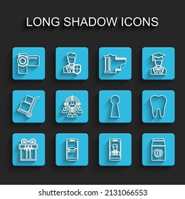 Set line Gift box, Graduation cap on mobile, Cinema camera, Smartphone with contact, Coffee beans bag, Marketing target strategy, Tooth and Keyhole icon. Vector
