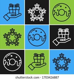 Set line Gift box in hand, Donut with sweet glaze and Snowflake icon. Vector