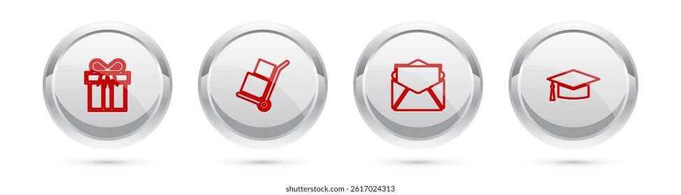 Set line Gift box, Hand truck and boxes, Mail e-mail and Graduation cap. Silver circle button. Vector