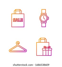 Set line Gift box, Hanger wardrobe, Shoping bag with Sale and Wrist watch. Gradient color icons. Vector