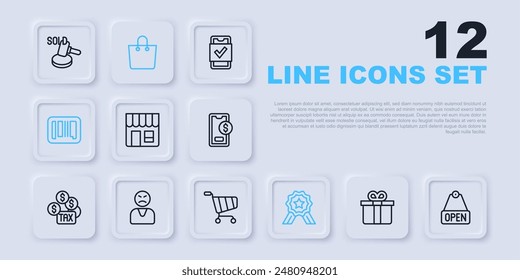Set line Gift box, Hanging sign with text Open, Market store, Stars rating, Barcode, Angry customer, Paper shopping bag and Shopping cart icon. Vector