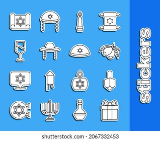 Set line Gift box, Hanukkah dreidel, Olives branch, Burning candle, Orthodox jewish hat, Jewish goblet, Torah scroll and kippah icon. Vector
