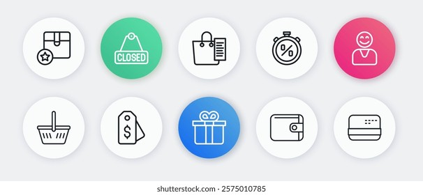 Set line Gift box, Happy customer, Shopping basket, Wallet, Stopwatch percent discount, list, Credit card and Price tag with dollar icon. Vector