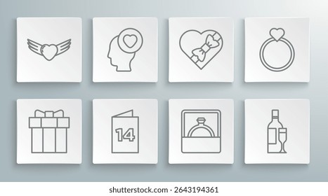 Set line Gift box, Head with heart, Greeting card, Diamond engagement ring, Champagne bottle, Candy shaped, Wedding rings and Heart wings icon. Vector