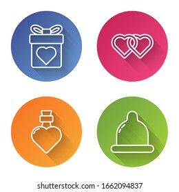 Set line Geschenkbox mit Herz, Zwei Linked Herzen, Flasche mit Liebe Träne und Kondom. Farbkreisknopf. Vektorillustration