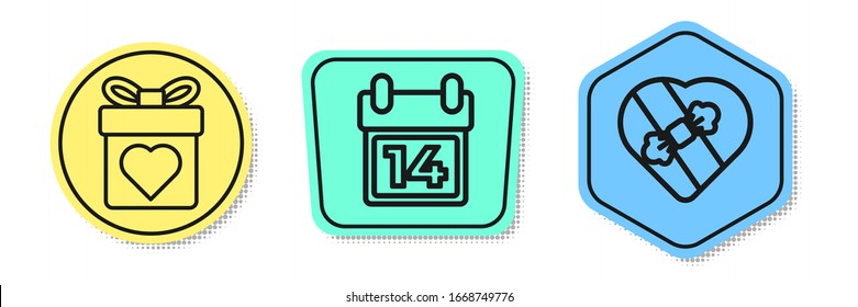Fijar la caja de Regalo con el corazón, Calendario con 14 de Febrero y Candy en la caja con forma de corazón. Formas coloreadas. Vector