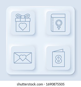 Set line Gift box and heart, Book about women, Envelope with 8 March and Greeting card with 8 March. White square button. Vector