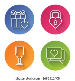 Set line Gift box and heart, Castle in the shape of a heart, Wine glass and Like and heart. Color circle button. Vector