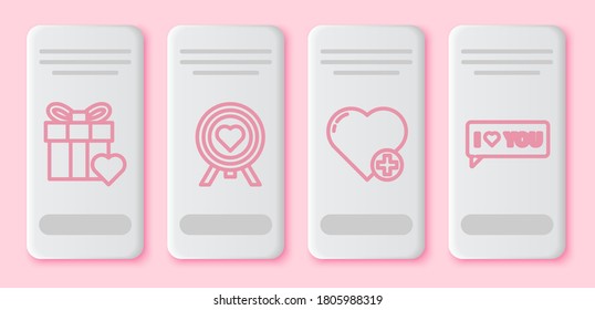 Set line Gift box and heart, Heart in the center of darts target aim, Heart and Speech bubble with I love you. White rectangle button. Vector