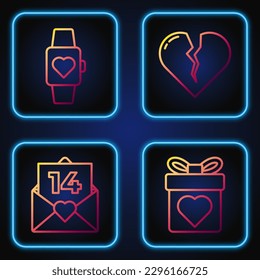 Set line Gift box with heart, Envelope with Valentine heart, Heart in the center wrist watch and Broken heart or divorce. Gradient color icons. Vector