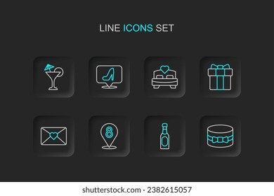 Set line Gift box and heart, Champagne bottle, 8 March, Envelope with, Bedroom, Woman shoe and Martini glass icon. Vector