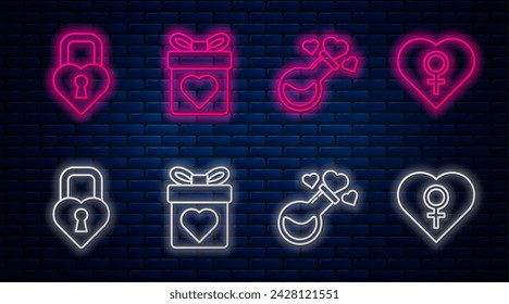 Set line Gift box with heart, Bottle with love potion, Castle in the shape of a heart and Heart with female gender. Glowing neon icon on brick wall. Vector