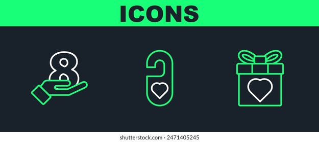 Set line Gift box and heart, 8 March on hand and Please do not disturb with icon. Vector