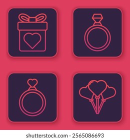 Set line Gift box with heart, Wedding rings, Diamond engagement ring and Balloons in form of heart. Blue square button. Vector