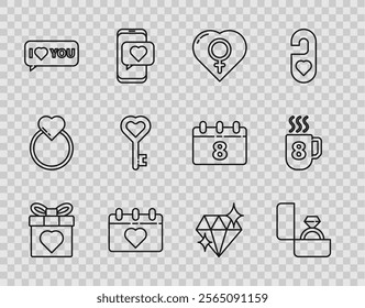 Set line Gift box and heart, Diamond engagement ring, Female gender, Calendar with 8 March, Speech bubble I love you, Key shape,  and Coffee cup icon. Vector