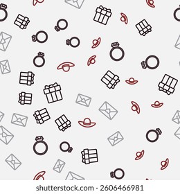 Set line Gift box and heart, Diamond engagement ring, Envelope with 8 March and Elegant women hat on seamless pattern. Vector