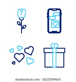 Set line Gift box and heart, Heart, Mobile with and Flower rose icon. Vector