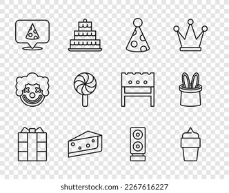 Set-Line Geschenkbox, Eis in Waffelkegel, Party-Hut, Kuchen-Stück, Slice Pizza, Lollipop, Stereo-Lautsprecher und Magier-und Kaninchenohren Symbol. Vektorgrafik