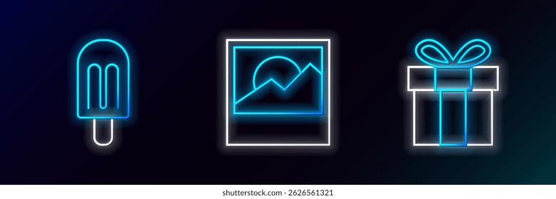 Set line Gift box, Ice cream and Photo icon. Glowing neon. Vector