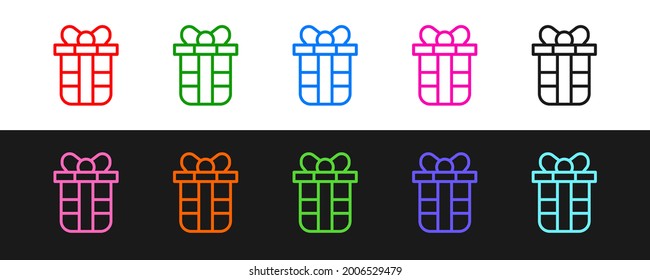 Set line Gift box icon isolated on black and white background. Happy Birthday.  Vector