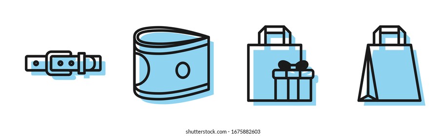 Fije la caja de regalo, Correa de cuero, Pila de papel dinero en efectivo y el icono de la bolsa de compras de papel. Vector