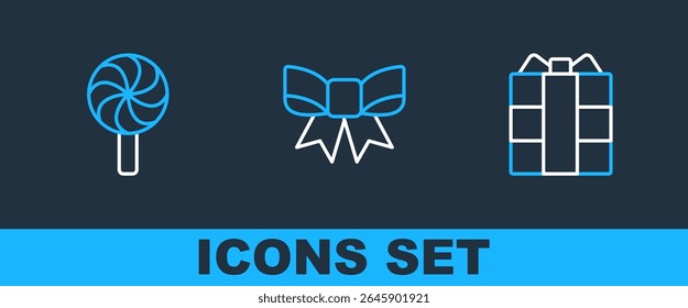 Set line Gift box, Lollipop and bow icon. Vector