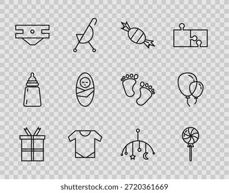 Set-Linie Geschenkbox, Lollipop, Candy, Baby onesie, absorbierende Windel, Neugeborenes Baby Babyschaukel, Krippe hängende Spielzeuge und Ballons mit Band-Symbol. Vektorgrafik
