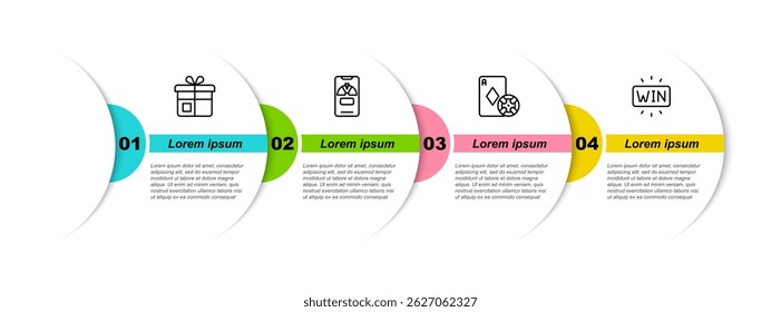 Set line Gift box, Lucky wheel on phone, Casino chip and playing cards and win. Business infographic template. Vector