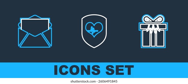 Set line Gift box, Mail and e-mail and Shield heart rate icon. Vector