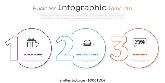 Set line Gift box, Man hat with ribbon and Seventy discount percent tag. Business infographic template. Vector