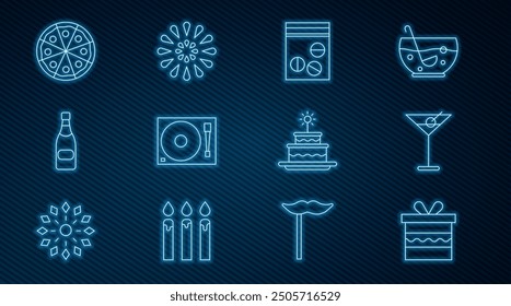 Set line Gift box, Martini glass, Plastic bag of drug, Vinyl player with vinyl disk, Champagne bottle, Pizza, Cake burning candles and Firework icon. Vector