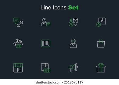 Set line Gift box, Megaphone, Item price tag with dollar, Market store, Paper shopping bag, Happy customer, Barcode and Tax payment icon. Vector