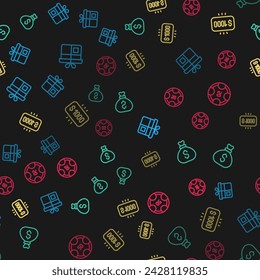 Set line Gift box, Money bag, prize in casino and Casino chips on seamless pattern. Vector