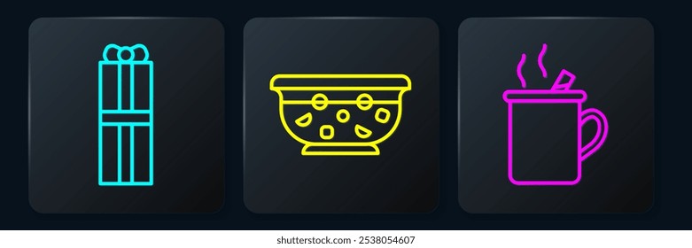 Set line Gift box, Mulled wine and Mixed punch in bowl. Black square button. Vector
